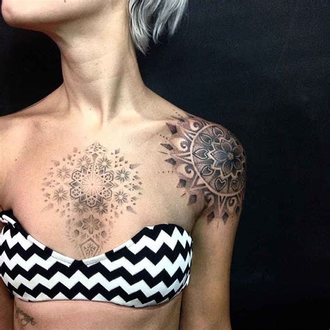 mandala tattoo dotwork|female dotwork chest tattoo.